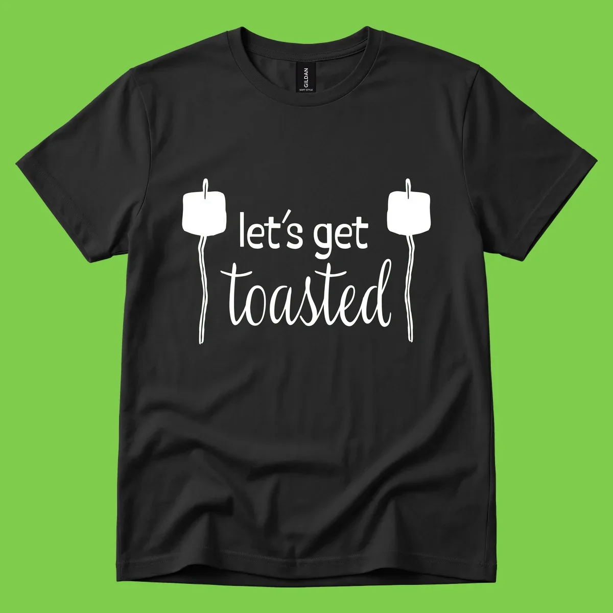 Illustration of two roasting sticks with marshmallows and text reading 'let's get toasted' in a minimalist camping design
