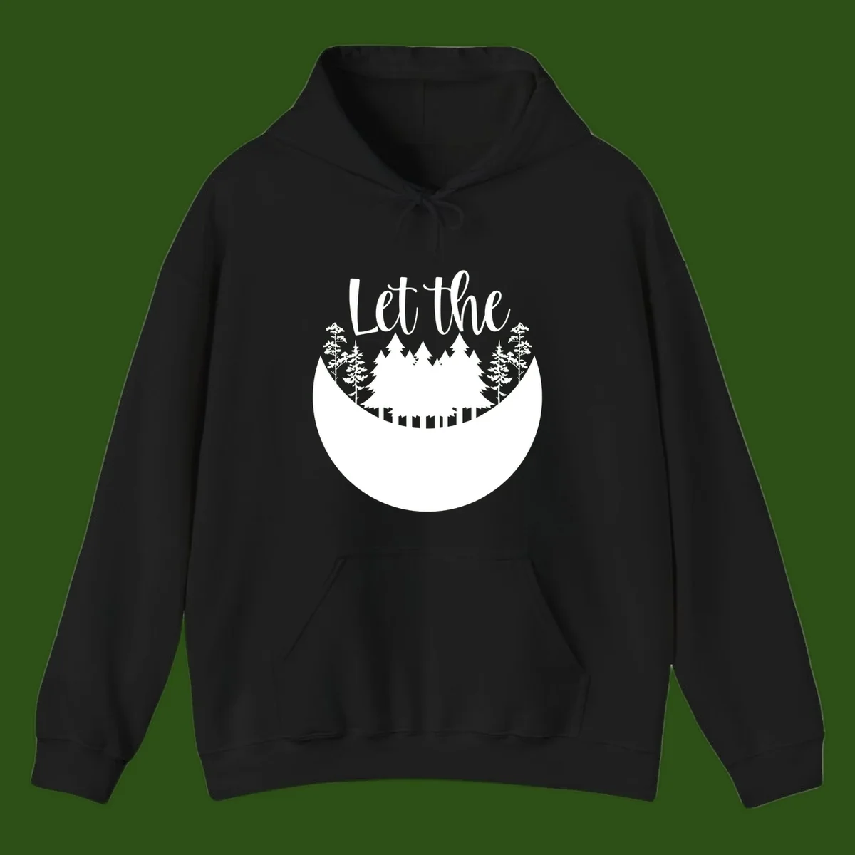 White silhouette of evergreen trees and mountain peaks arranged in a crescent moon shape with 'Let the' text above in script font on gray background.