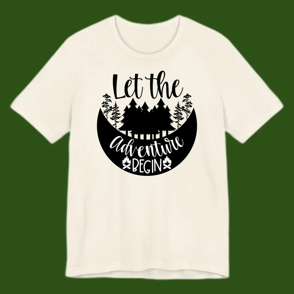White silhouette of evergreen trees and mountain peaks arranged in a crescent moon shape with 'Let the' text above in script font on gray background.
