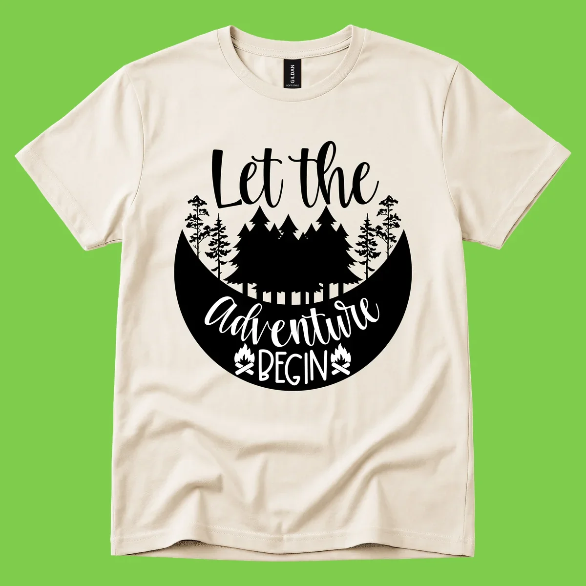 White silhouette of evergreen trees and mountain peaks arranged in a crescent moon shape with 'Let the' text above in script font on gray background.