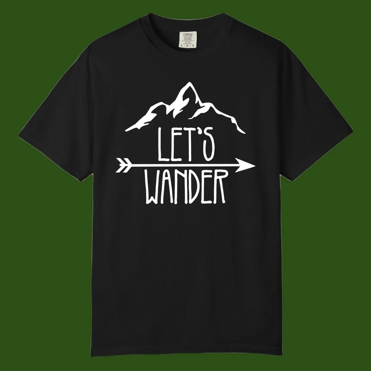 White mountain peaks with 'Let's Go Wander' text and directional arrow on gray background, minimalist camping design