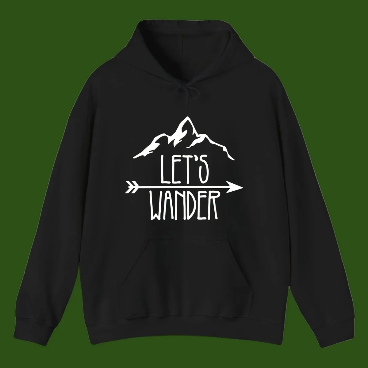 White mountain peaks with 'Let's Go Wander' text and directional arrow on gray background, minimalist camping design