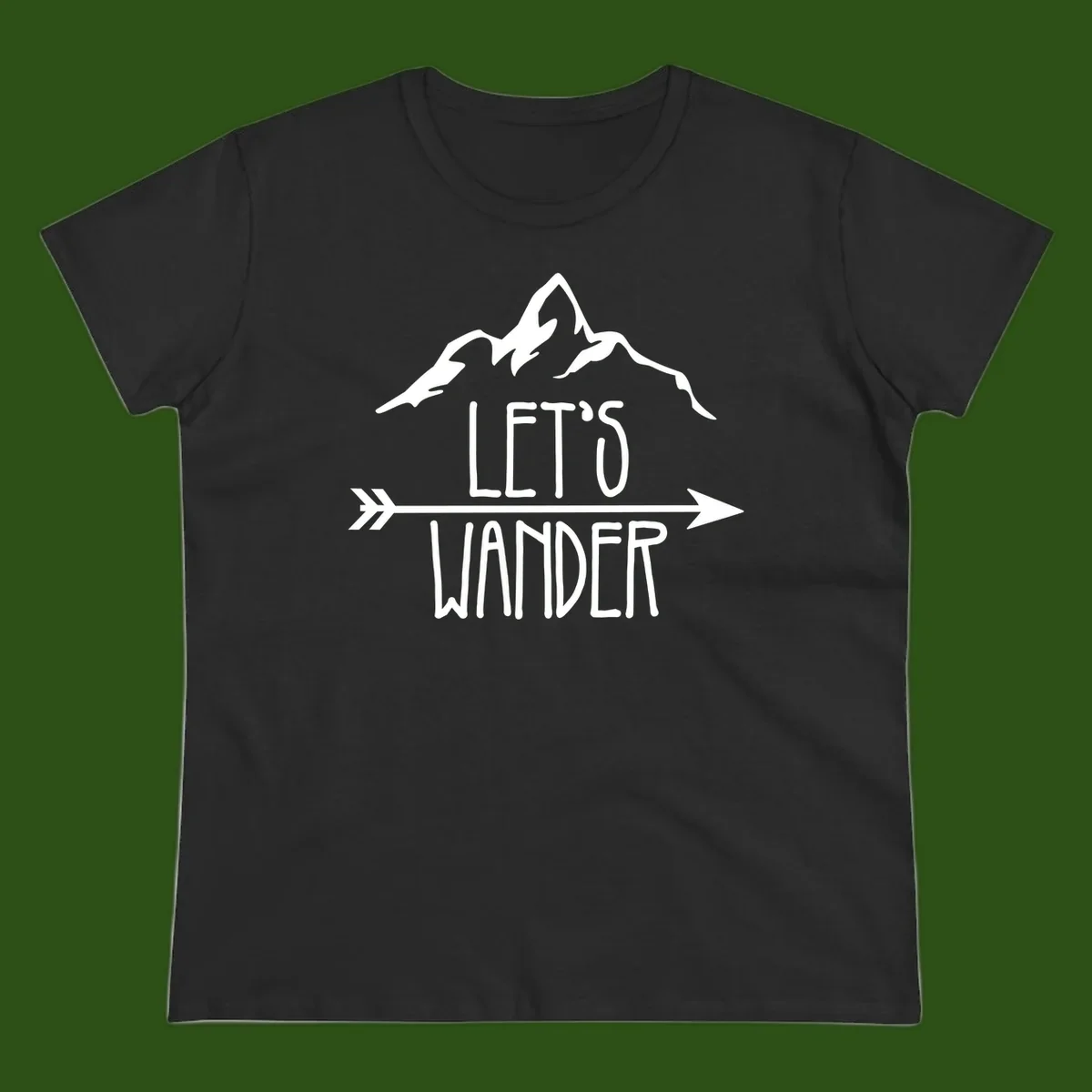White mountain peaks with 'Let's Go Wander' text and directional arrow on gray background, minimalist camping design