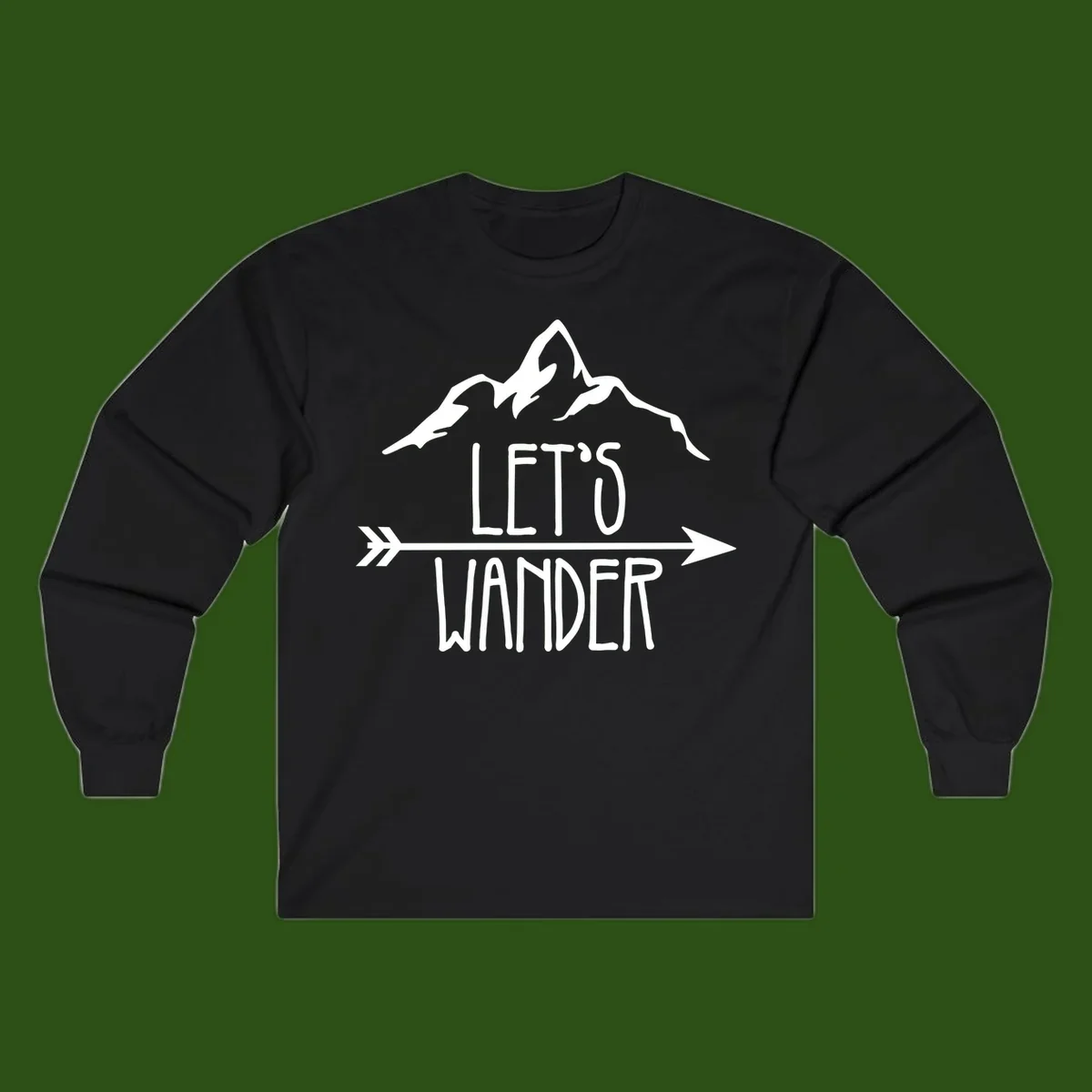 White mountain peaks with 'Let's Go Wander' text and directional arrow on gray background, minimalist camping design