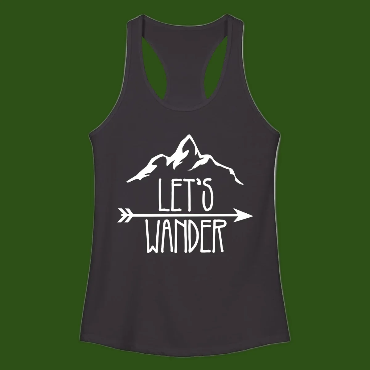 White mountain peaks with 'Let's Go Wander' text and directional arrow on gray background, minimalist camping design