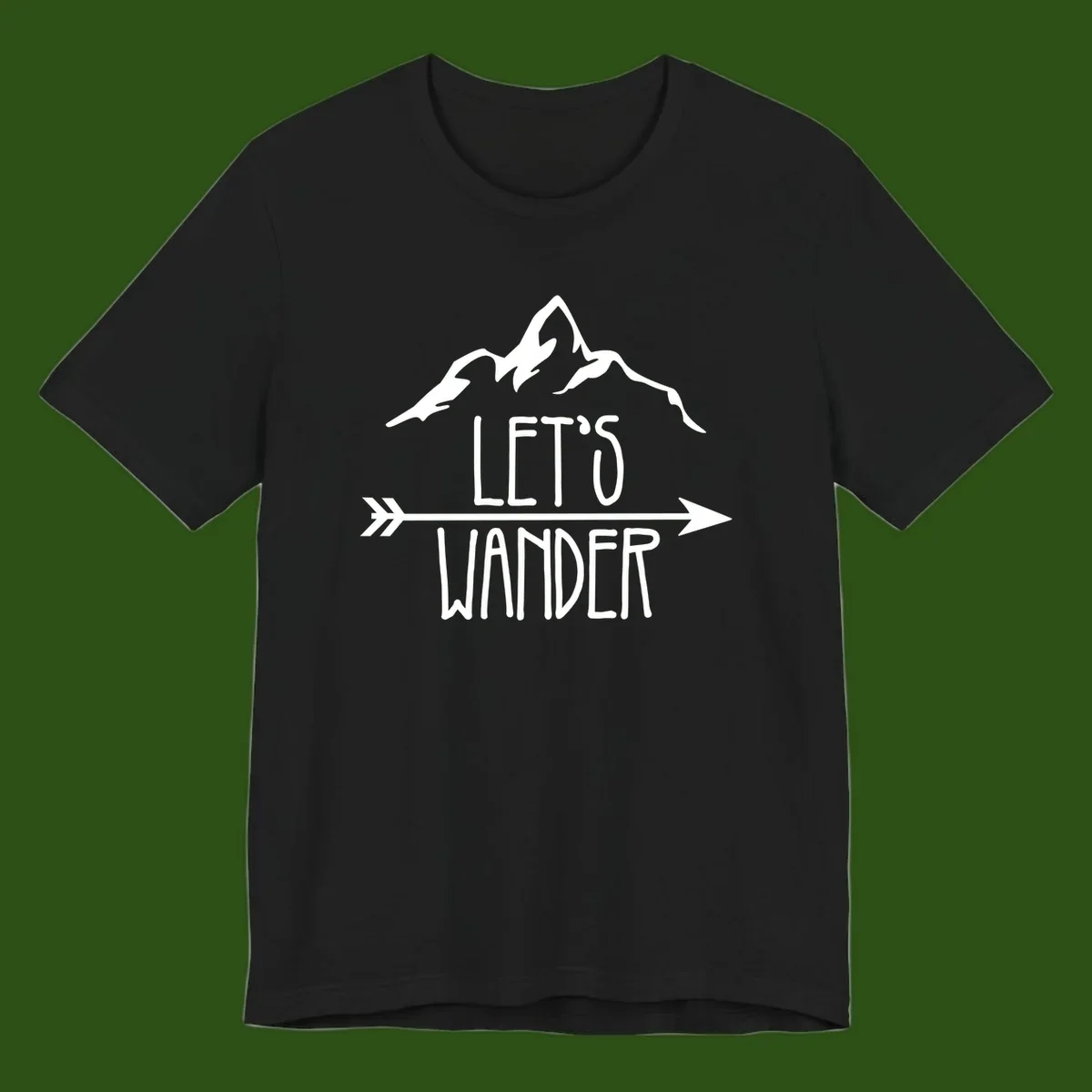White mountain peaks with 'Let's Go Wander' text and directional arrow on gray background, minimalist camping design