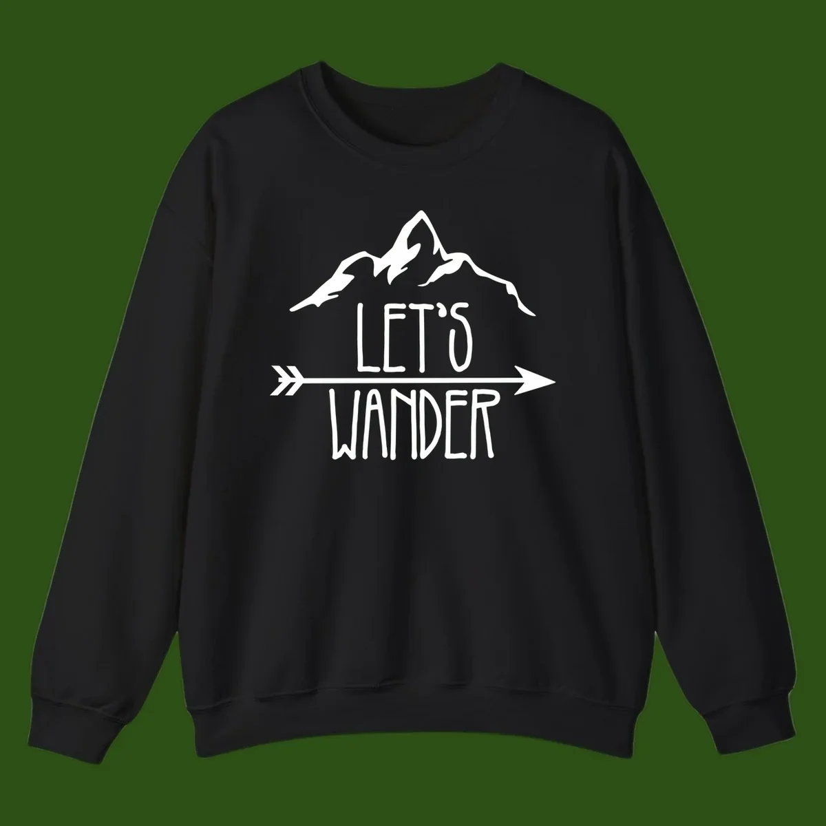 White mountain peaks with 'Let's Go Wander' text and directional arrow on gray background, minimalist camping design