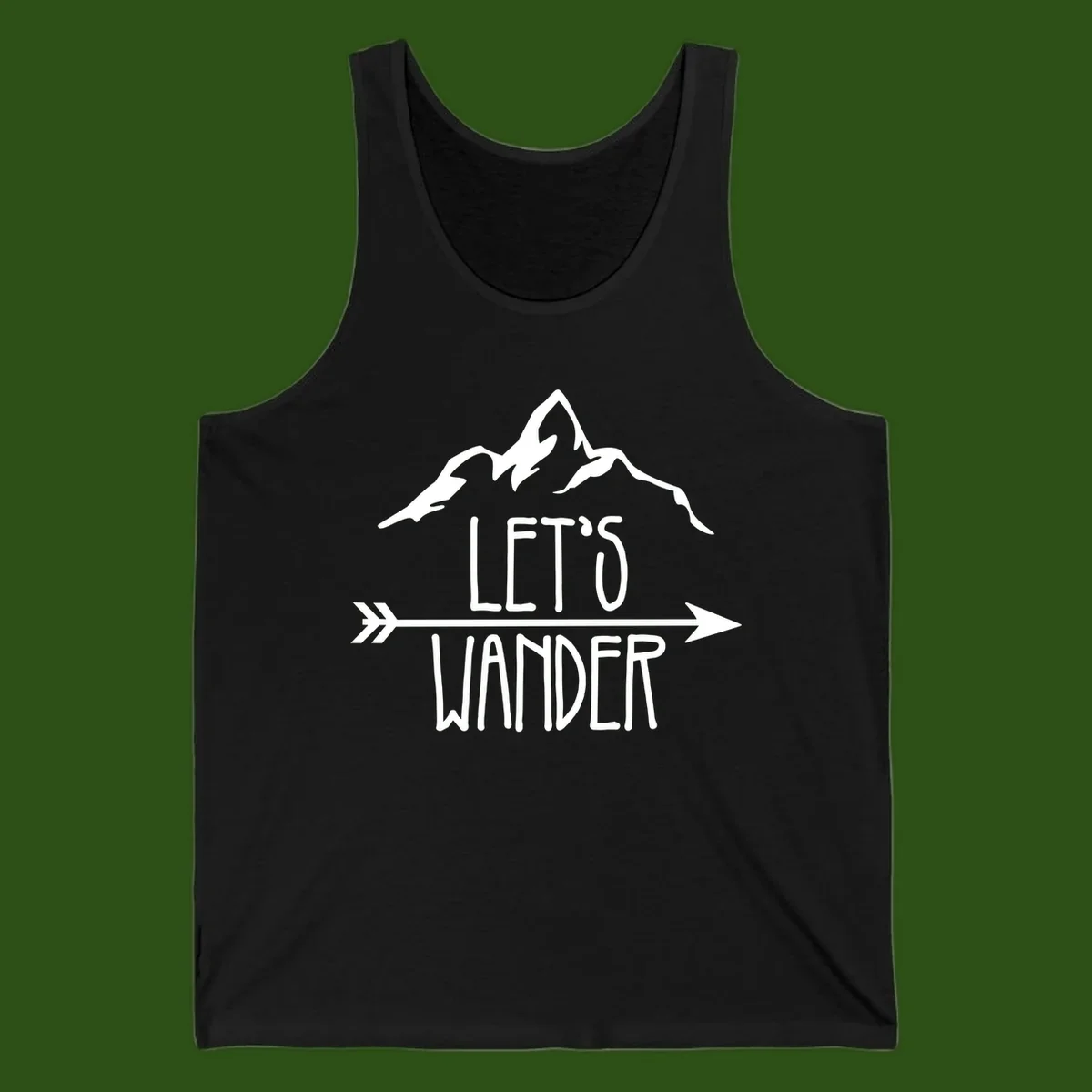 White mountain peaks with 'Let's Go Wander' text and directional arrow on gray background, minimalist camping design