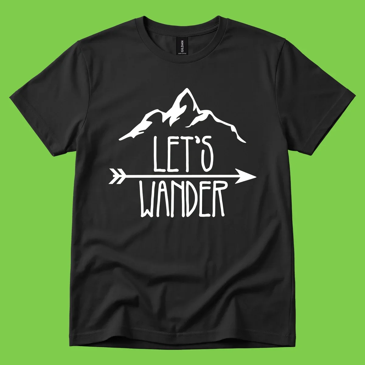 White mountain peaks with 'Let's Go Wander' text and directional arrow on gray background, minimalist camping design