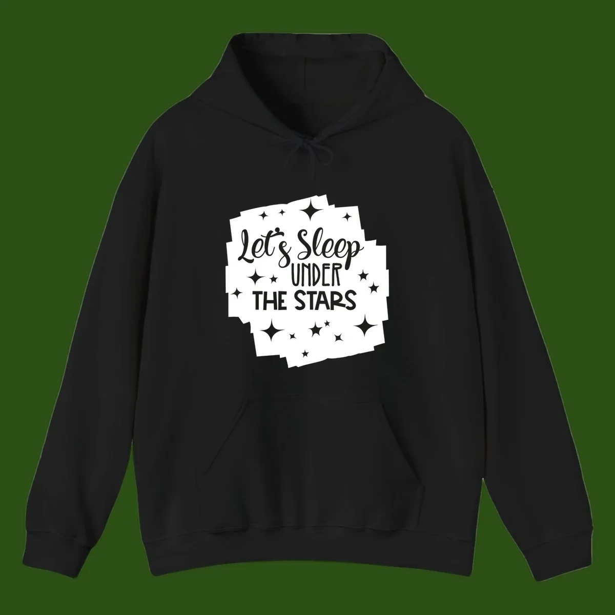 Whimsical design with 'Let's Sleep Under The Stars' text surrounded by sparkles and stars, evoking a cozy camping night.