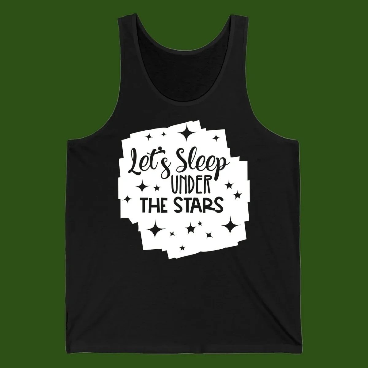 Whimsical design with 'Let's Sleep Under The Stars' text surrounded by sparkles and stars, evoking a cozy camping night.