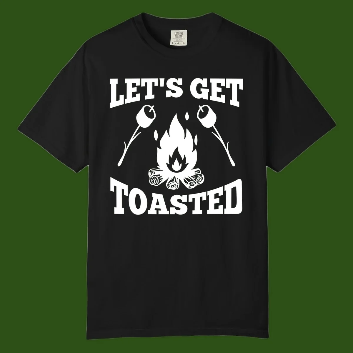 Campfire illustration with roasting sticks and marshmallows, text reads 'Let's Get Toasted'