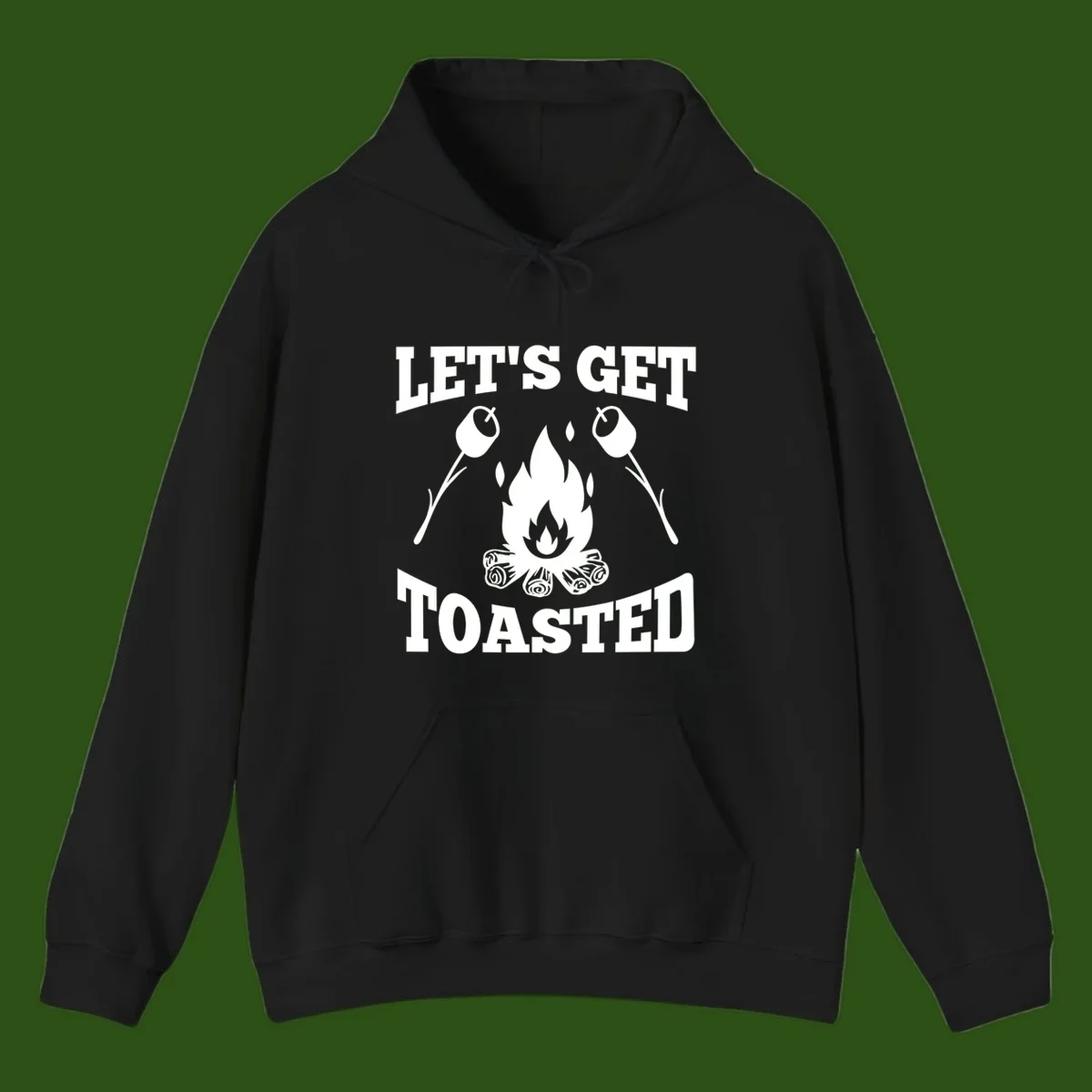 Campfire illustration with roasting sticks and marshmallows, text reads 'Let's Get Toasted'