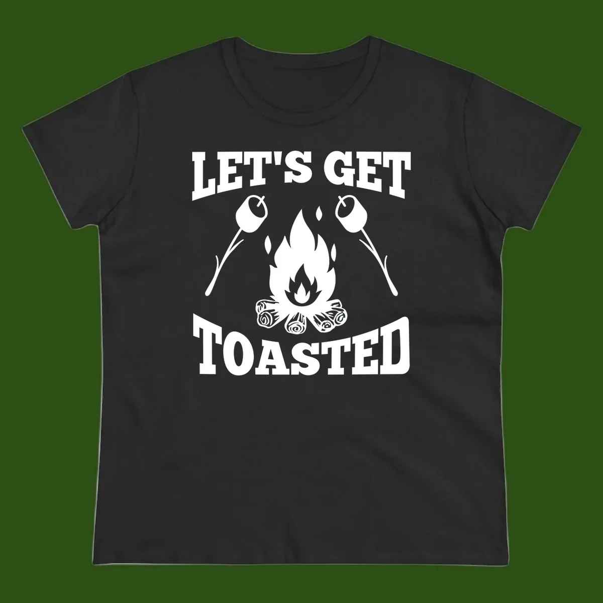 Campfire illustration with roasting sticks and marshmallows, text reads 'Let's Get Toasted'