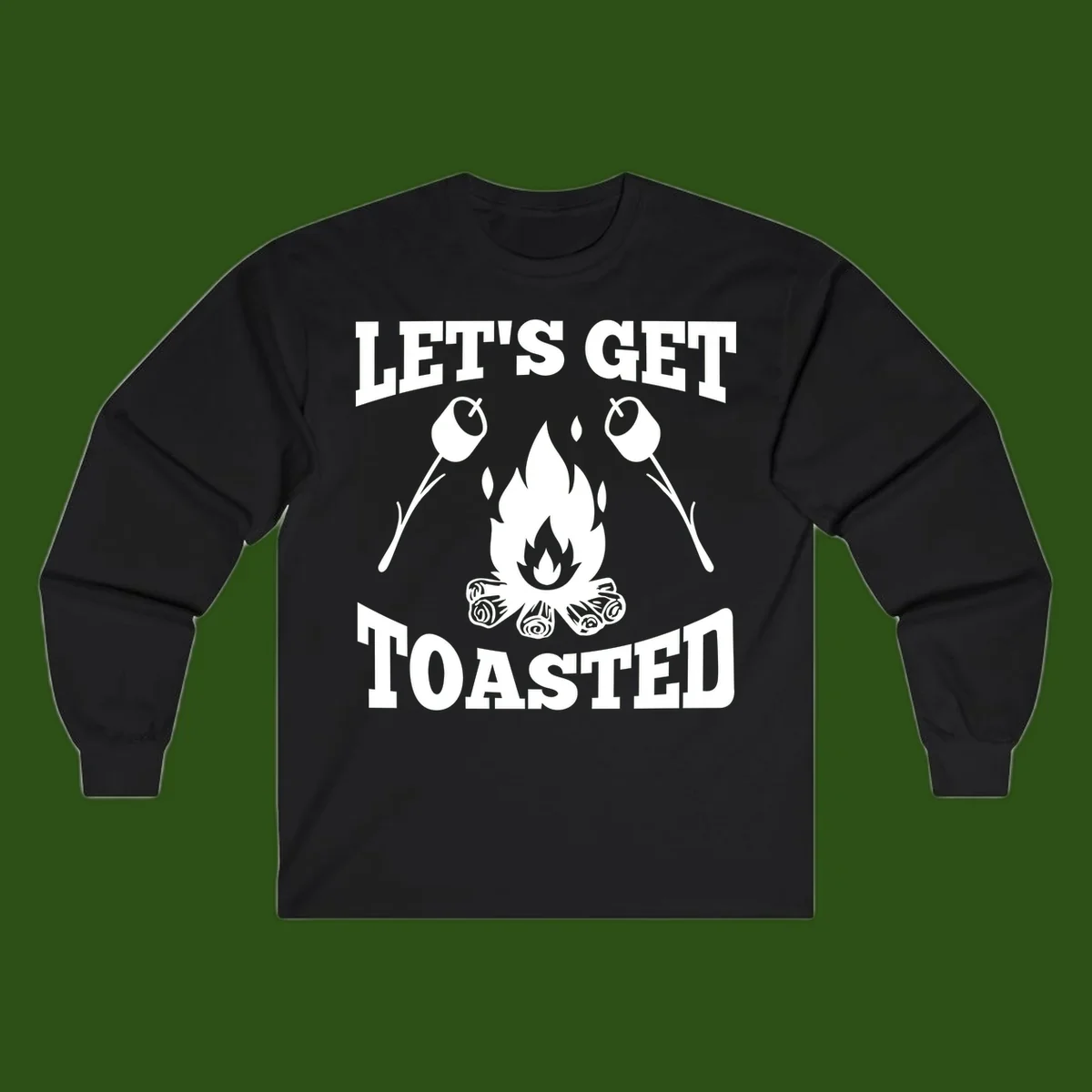 Campfire illustration with roasting sticks and marshmallows, text reads 'Let's Get Toasted'