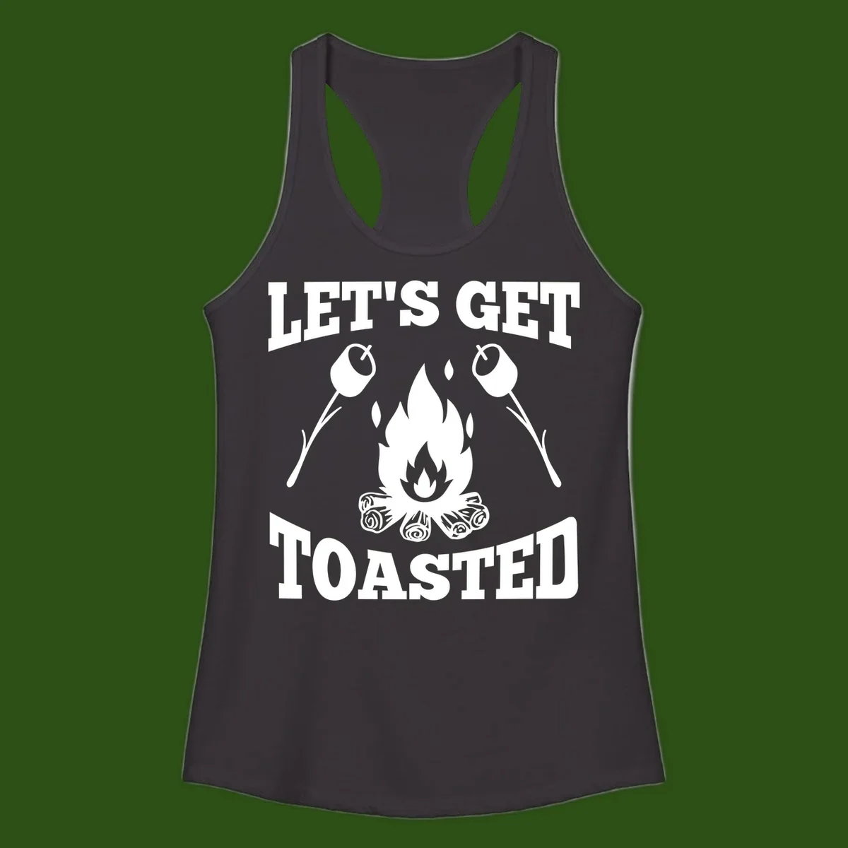 Campfire illustration with roasting sticks and marshmallows, text reads 'Let's Get Toasted'