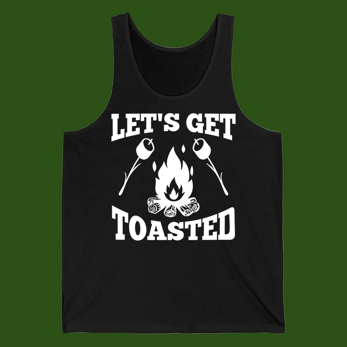 Campfire illustration with roasting sticks and marshmallows, text reads 'Let's Get Toasted'