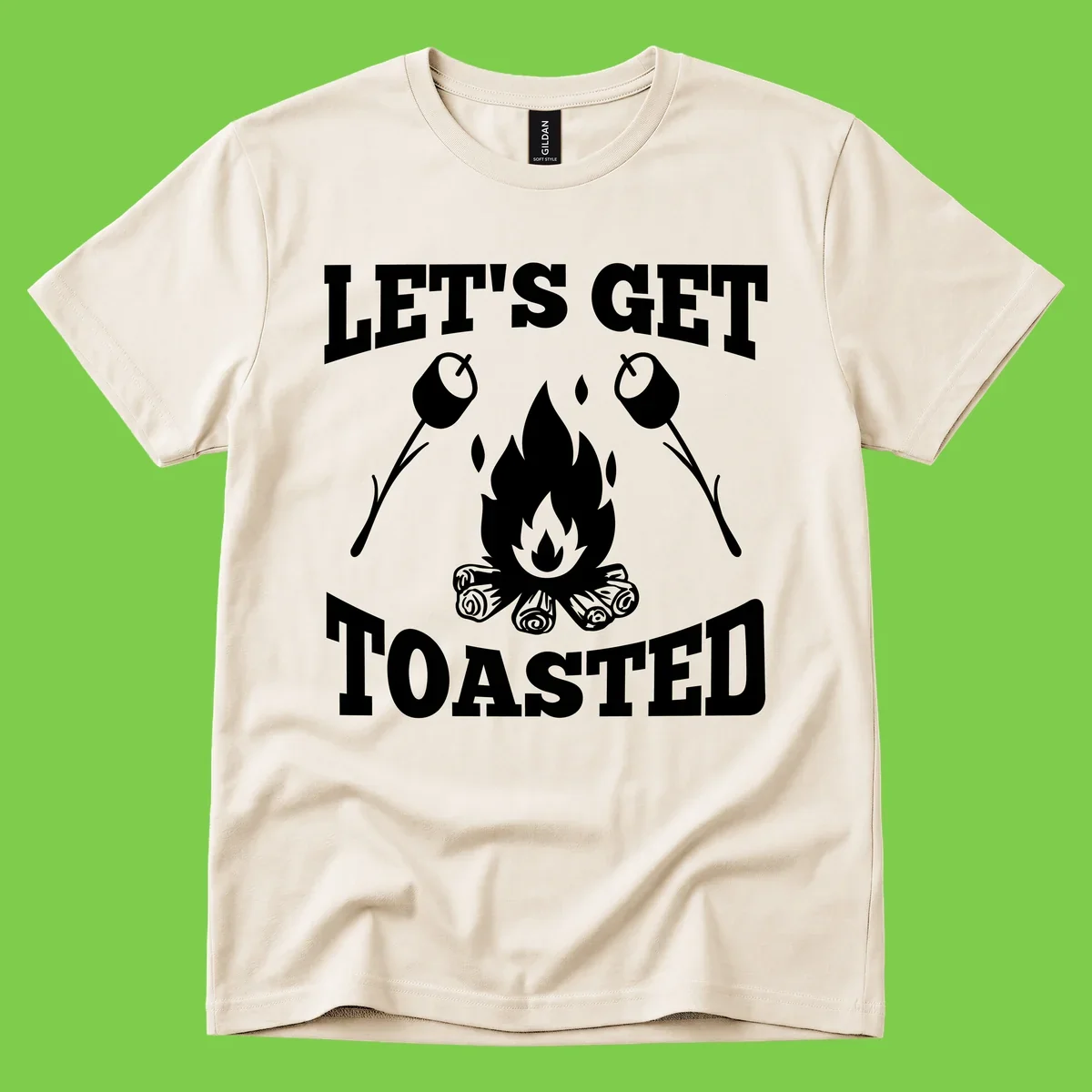 Campfire illustration with roasting sticks and marshmallows, text reads 'Let's Get Toasted'