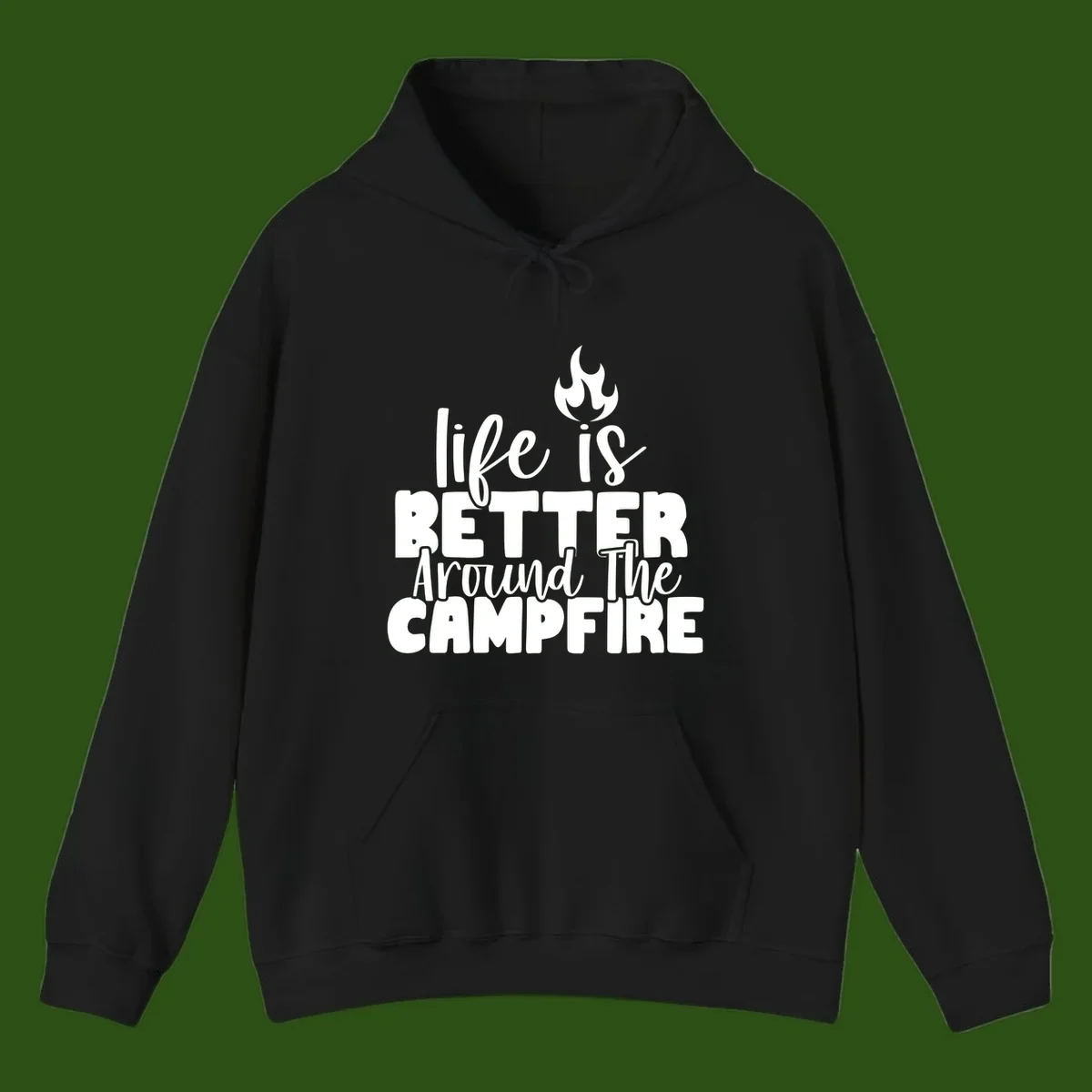 White illustrated campfire with flames above text reading 'life is better around the campfire' in flowing script lettering on gray background