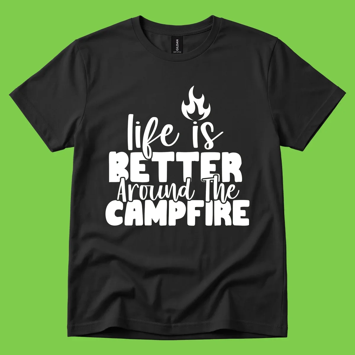 White illustrated campfire with flames above text reading 'life is better around the campfire' in flowing script lettering on gray background