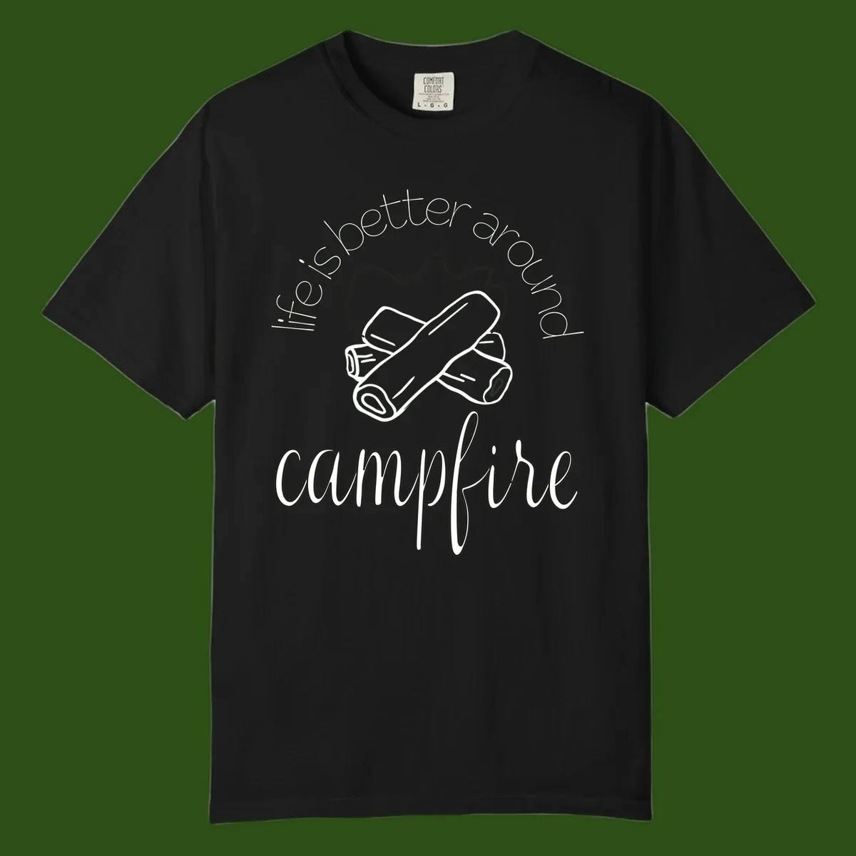Line art illustration of rolled sleeping bags over campfire logs with circular text reading 'is boetter dry campfire' - a camping pun design.