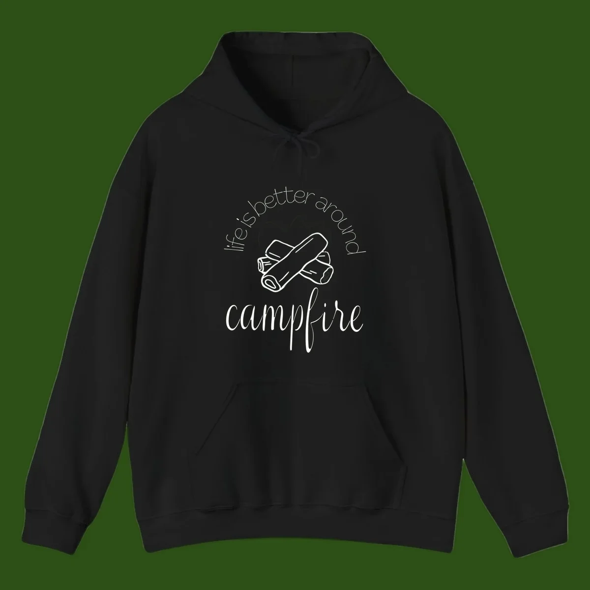 Line art illustration of rolled sleeping bags over campfire logs with circular text reading 'is boetter dry campfire' - a camping pun design.