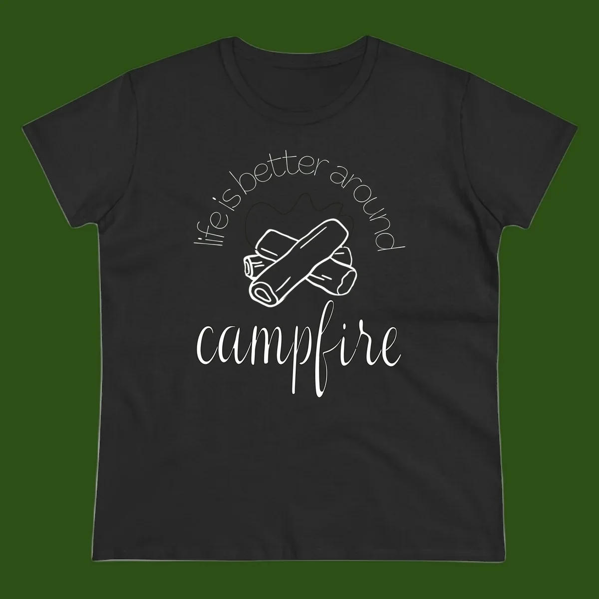 Line art illustration of rolled sleeping bags over campfire logs with circular text reading 'is boetter dry campfire' - a camping pun design.