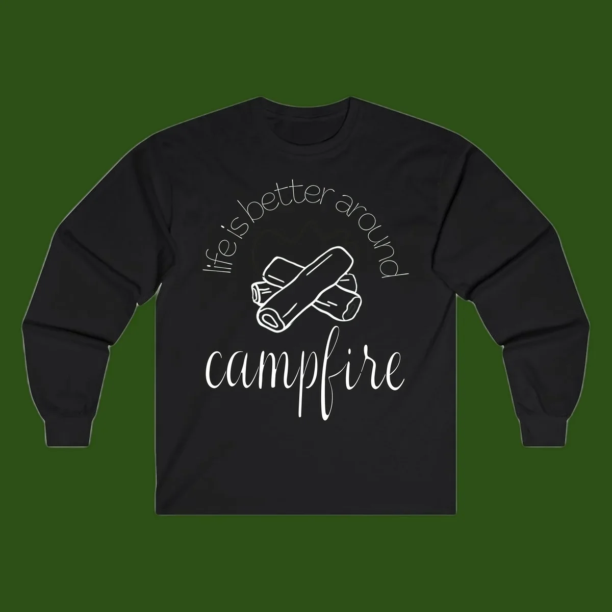 Line art illustration of rolled sleeping bags over campfire logs with circular text reading 'is boetter dry campfire' - a camping pun design.