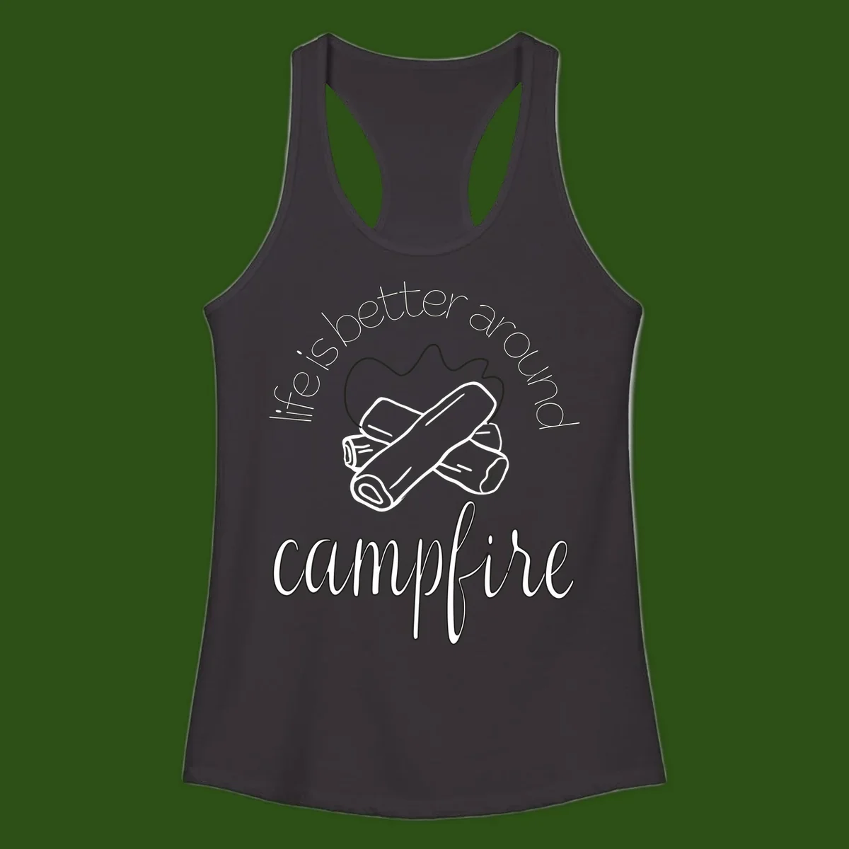 Line art illustration of rolled sleeping bags over campfire logs with circular text reading 'is boetter dry campfire' - a camping pun design.
