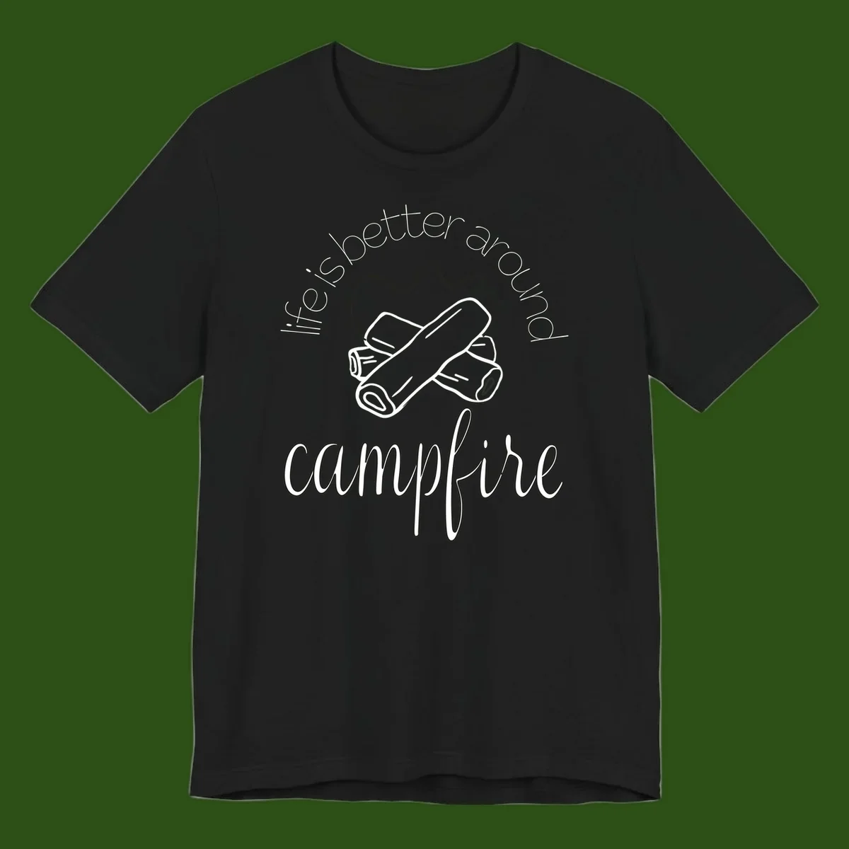 Line art illustration of rolled sleeping bags over campfire logs with circular text reading 'is boetter dry campfire' - a camping pun design.