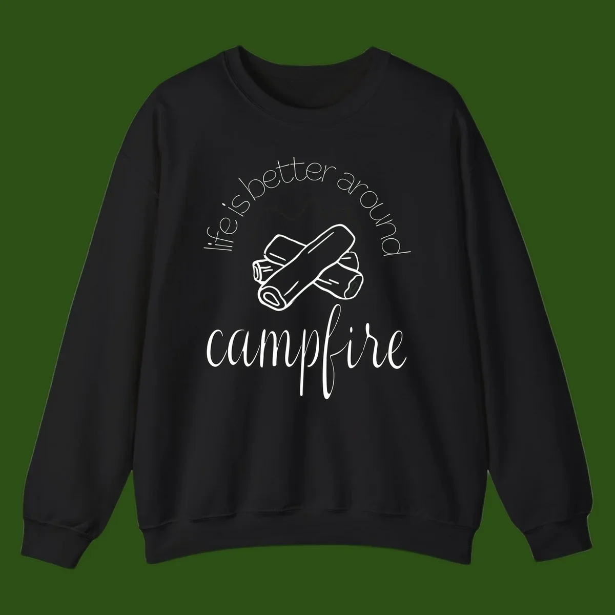 Line art illustration of rolled sleeping bags over campfire logs with circular text reading 'is boetter dry campfire' - a camping pun design.