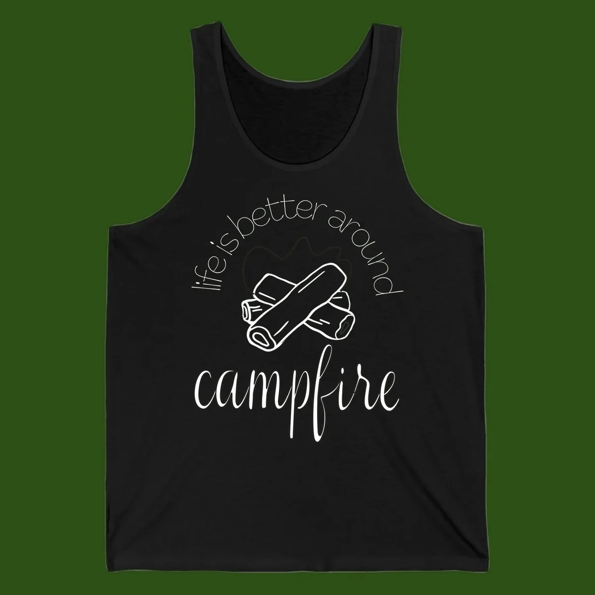 Line art illustration of rolled sleeping bags over campfire logs with circular text reading 'is boetter dry campfire' - a camping pun design.