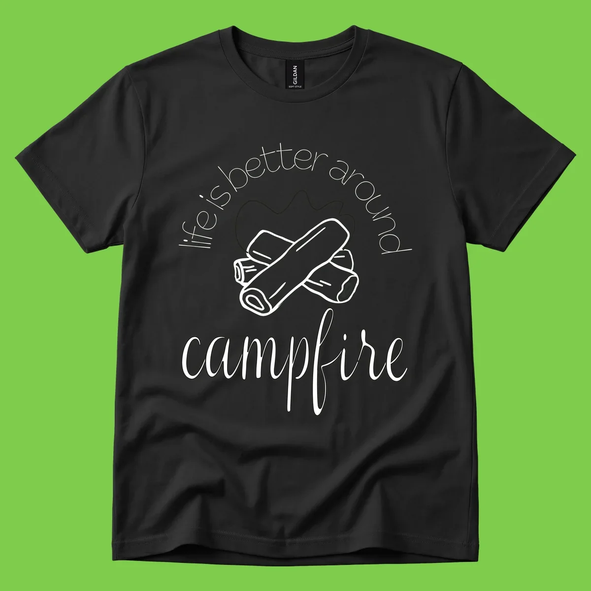 Line art illustration of rolled sleeping bags over campfire logs with circular text reading 'is boetter dry campfire' - a camping pun design.