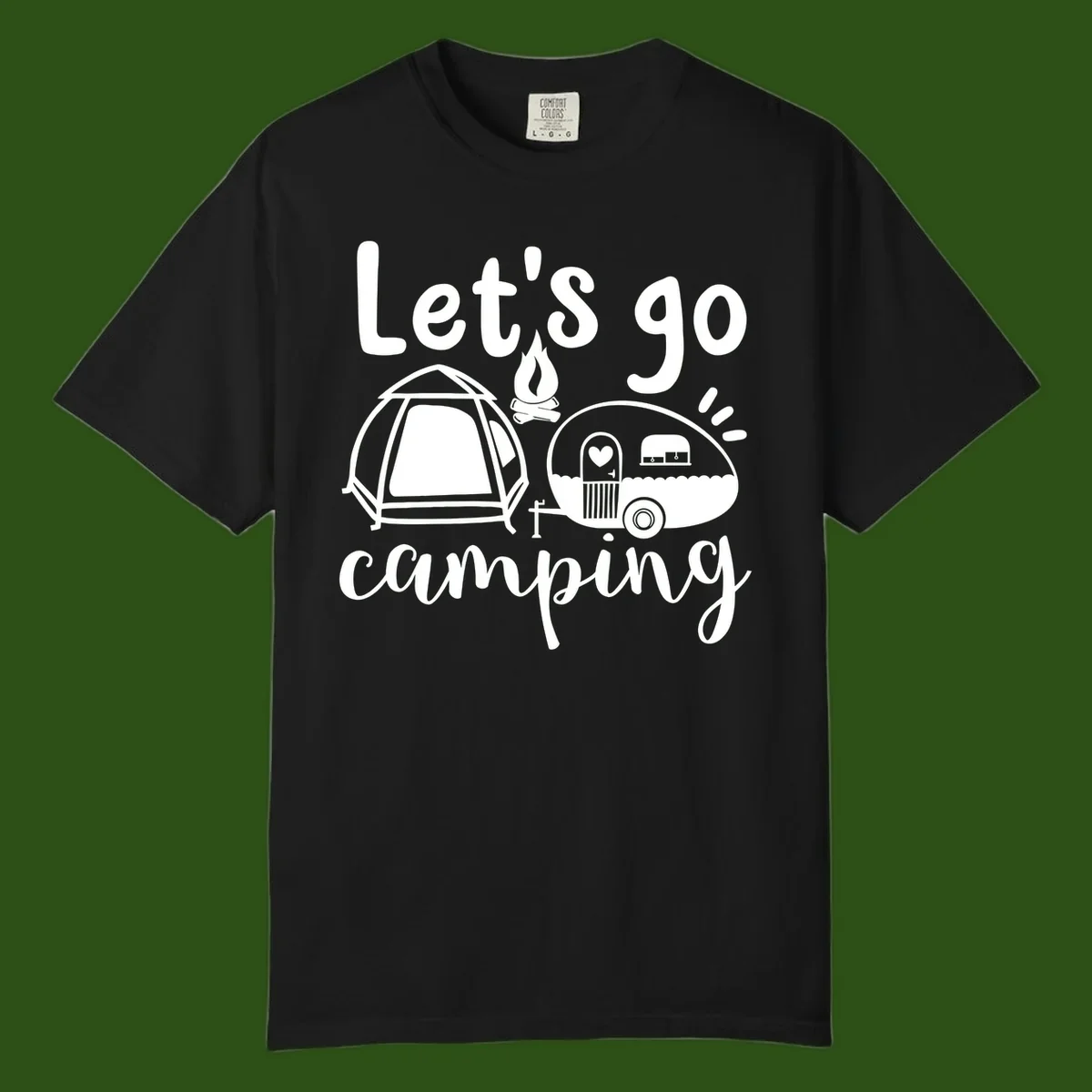 White illustration of a tent, campfire, and vintage trailer with 'Let's go camping' text on gray background