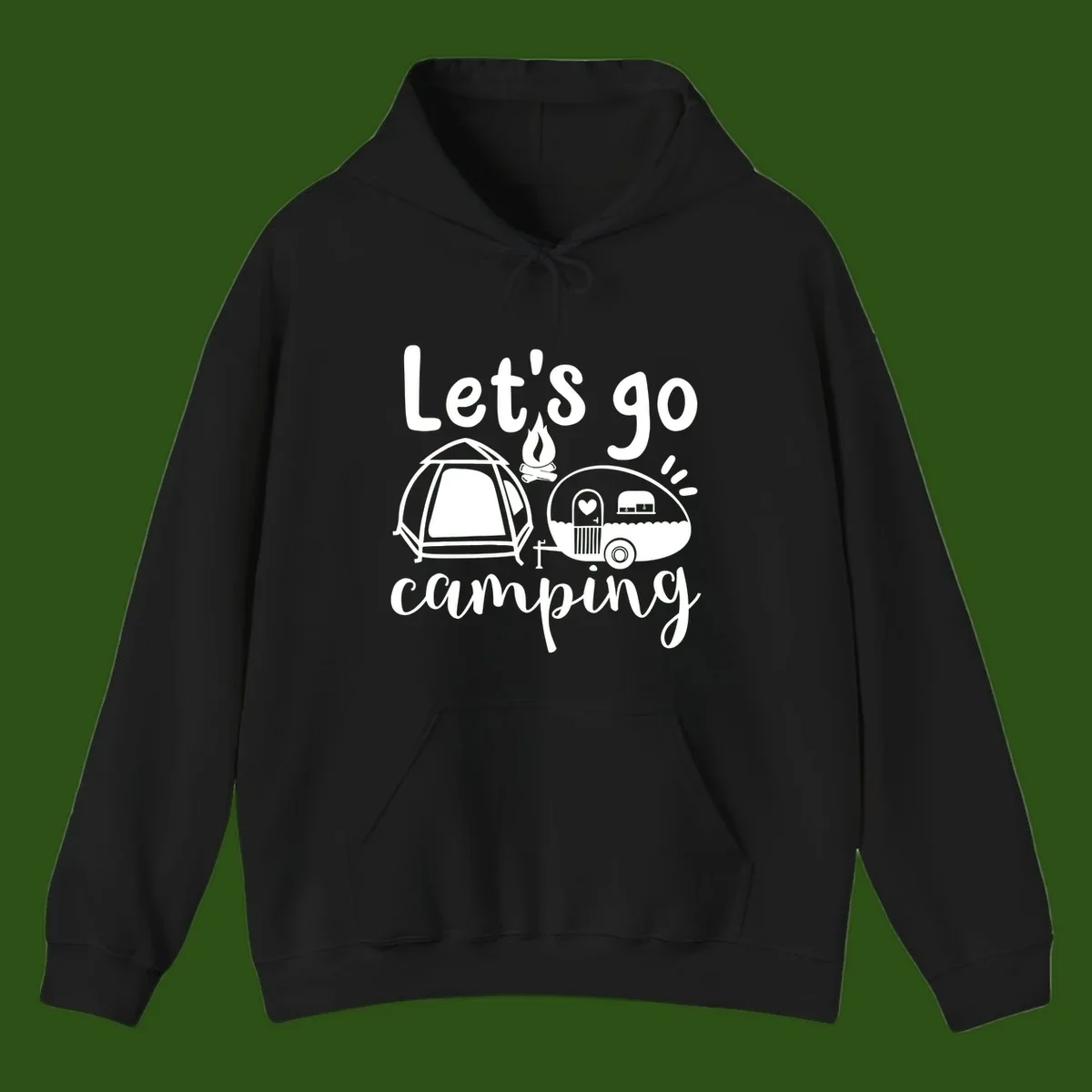 White illustration of a tent, campfire, and vintage trailer with 'Let's go camping' text on gray background