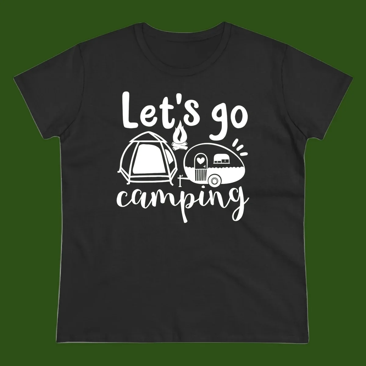 White illustration of a tent, campfire, and vintage trailer with 'Let's go camping' text on gray background