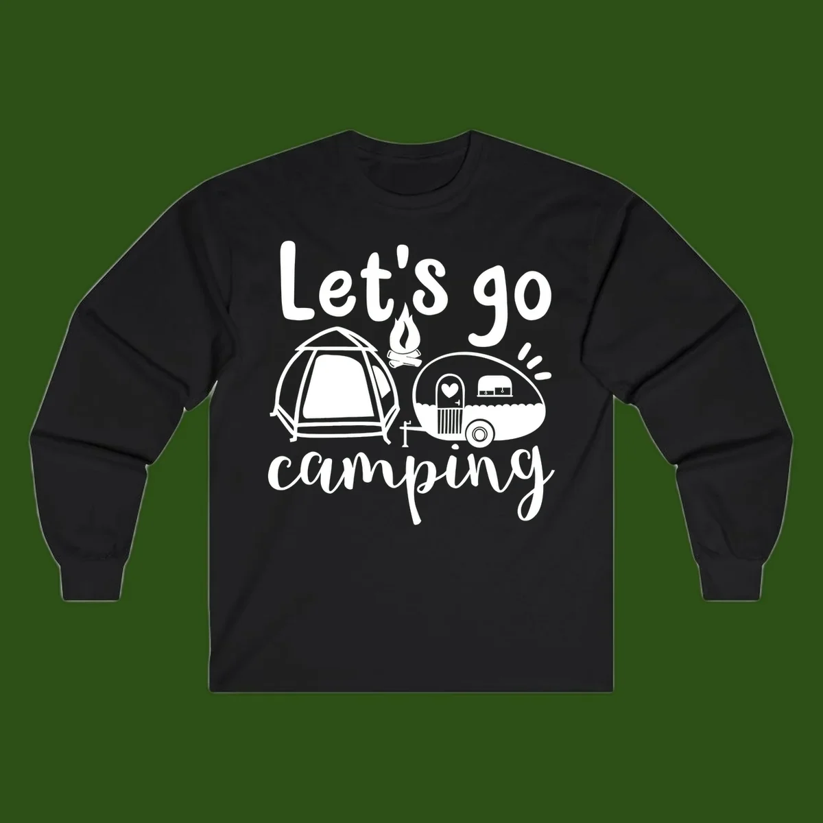 White illustration of a tent, campfire, and vintage trailer with 'Let's go camping' text on gray background