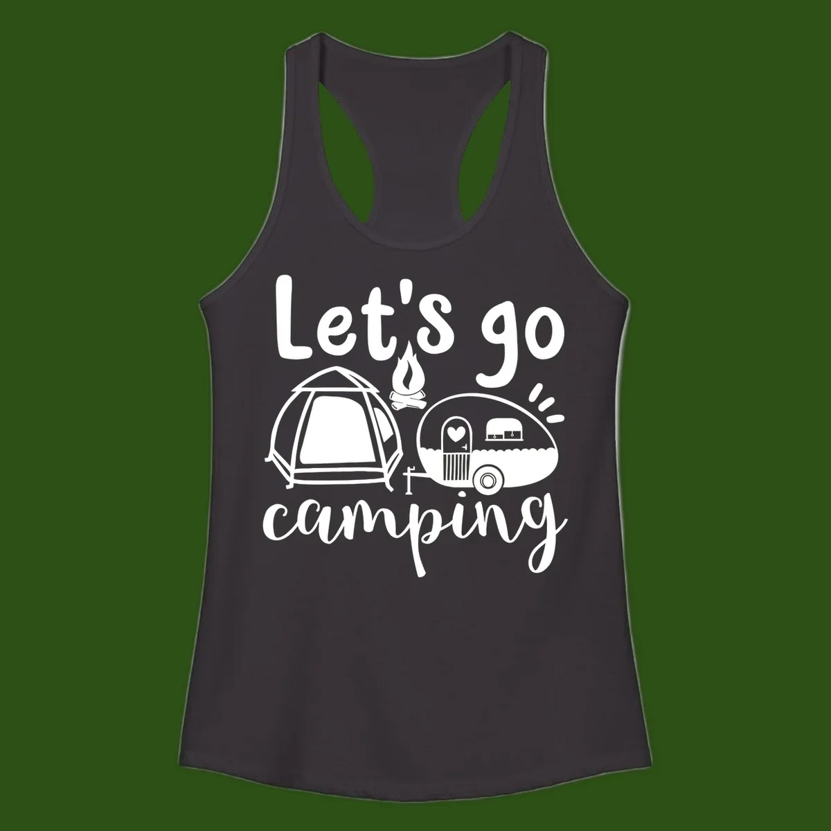 White illustration of a tent, campfire, and vintage trailer with 'Let's go camping' text on gray background