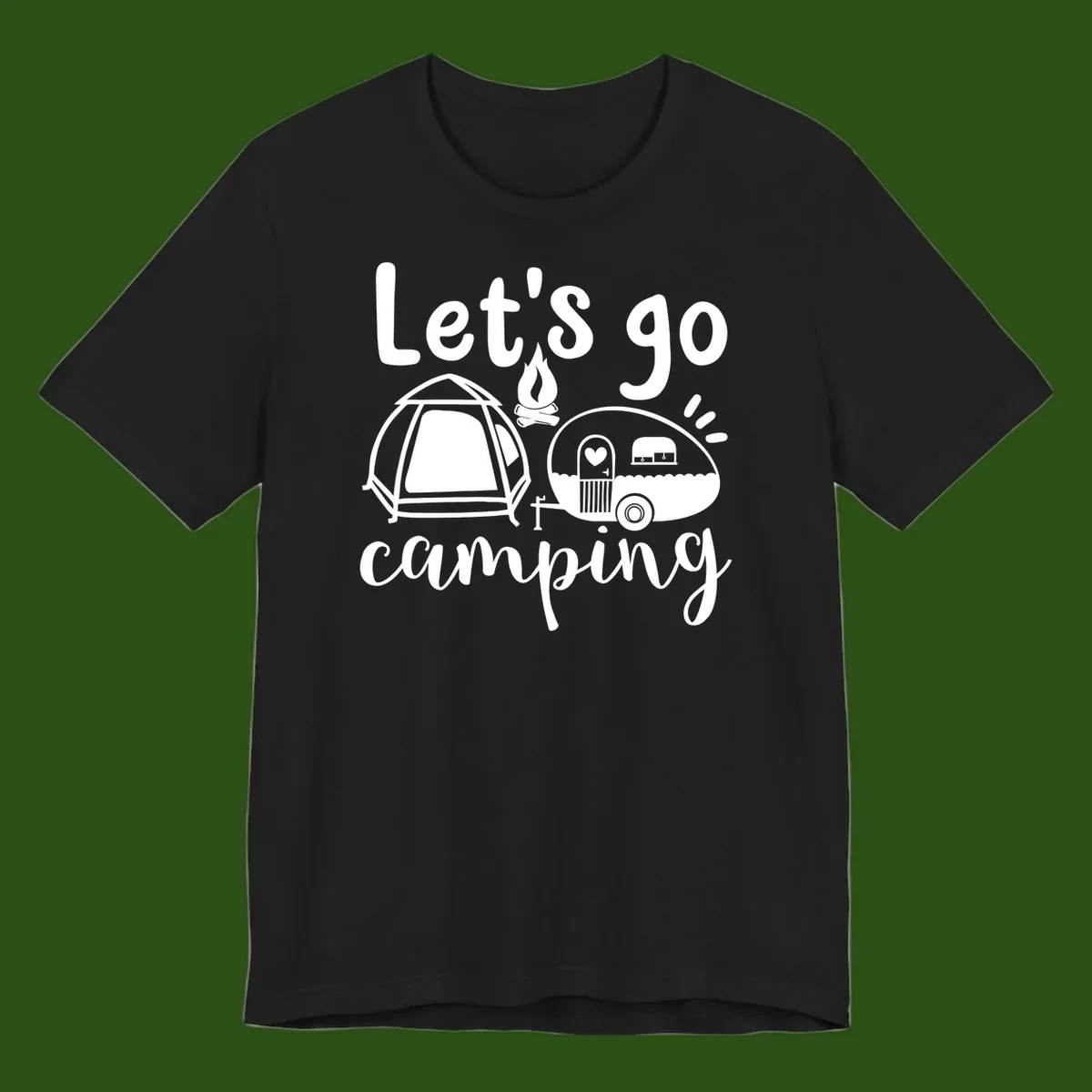 White illustration of a tent, campfire, and vintage trailer with 'Let's go camping' text on gray background