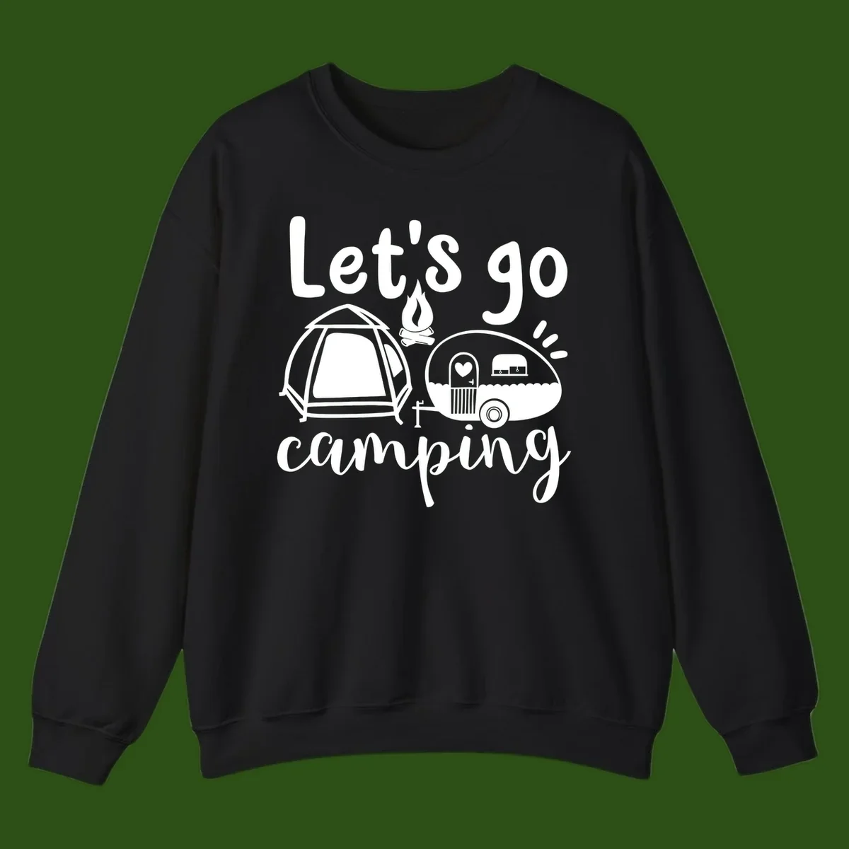 White illustration of a tent, campfire, and vintage trailer with 'Let's go camping' text on gray background