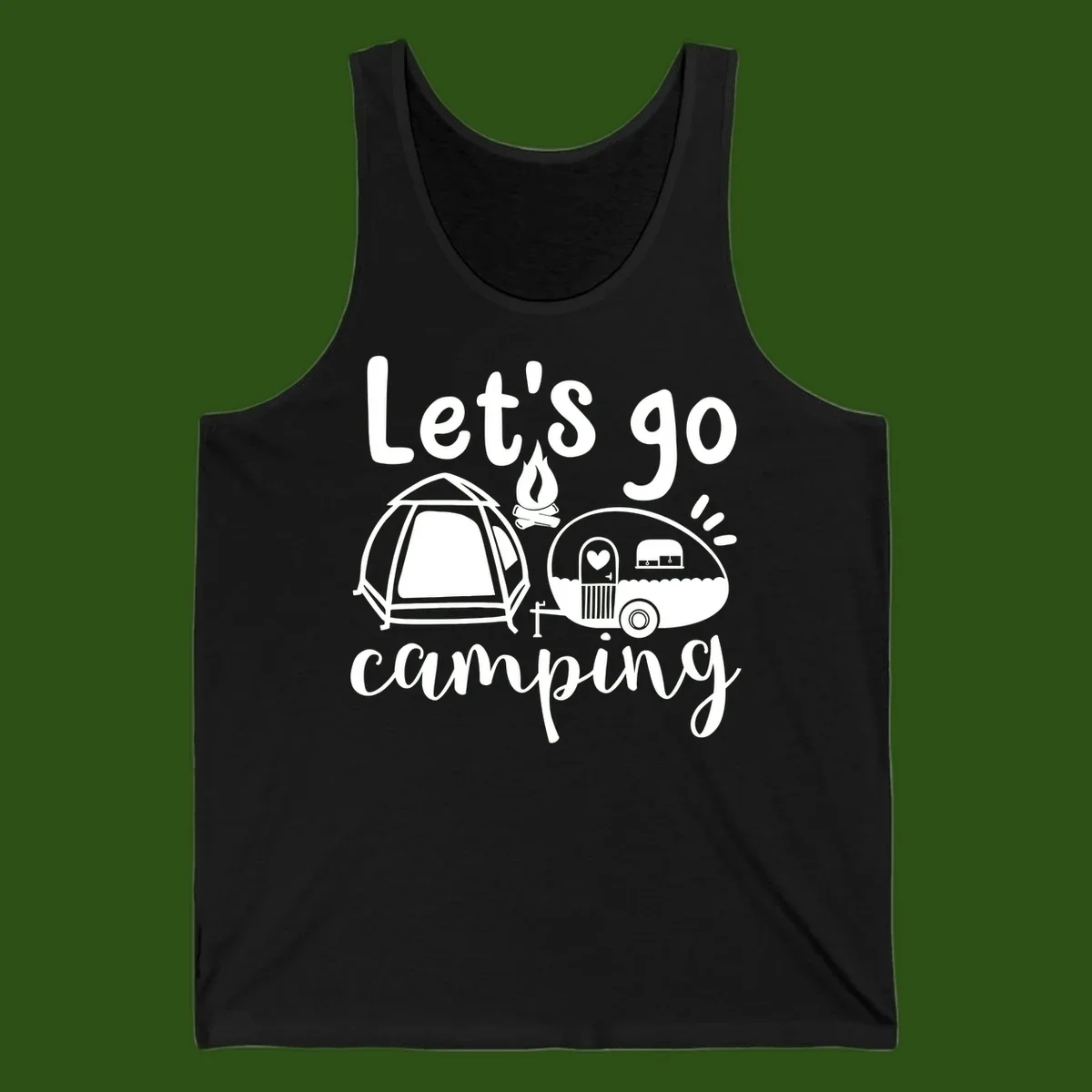 White illustration of a tent, campfire, and vintage trailer with 'Let's go camping' text on gray background