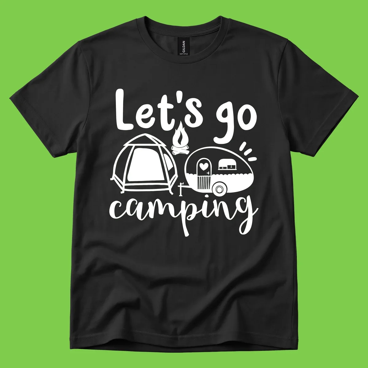 White illustration of a tent, campfire, and vintage trailer with 'Let's go camping' text on gray background