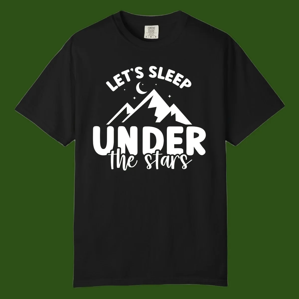 White illustration of jagged mountains with lightning bolts under a crescent moon and stars, with text reading 'Let's Sleep Under the stars'