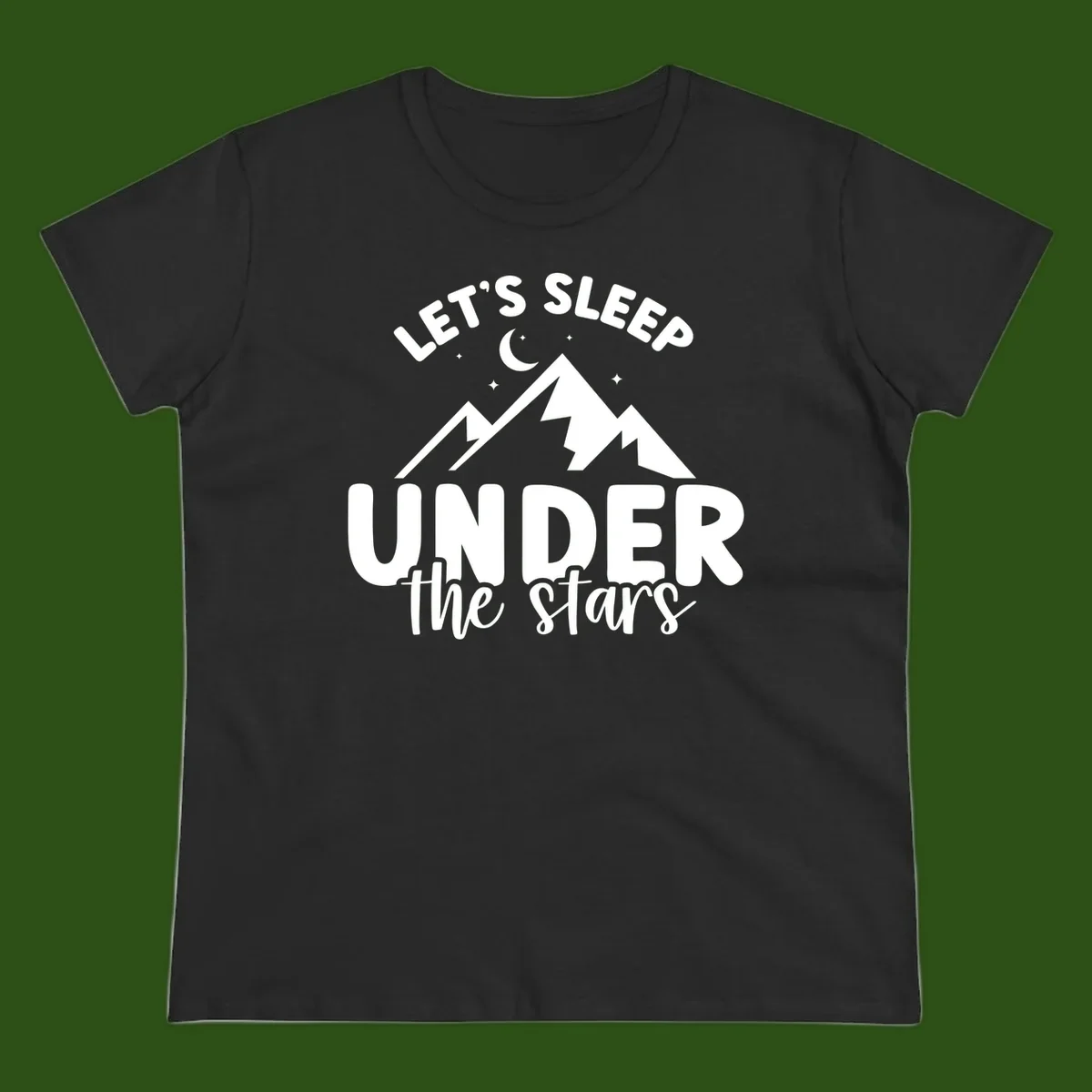 White illustration of jagged mountains with lightning bolts under a crescent moon and stars, with text reading 'Let's Sleep Under the stars'