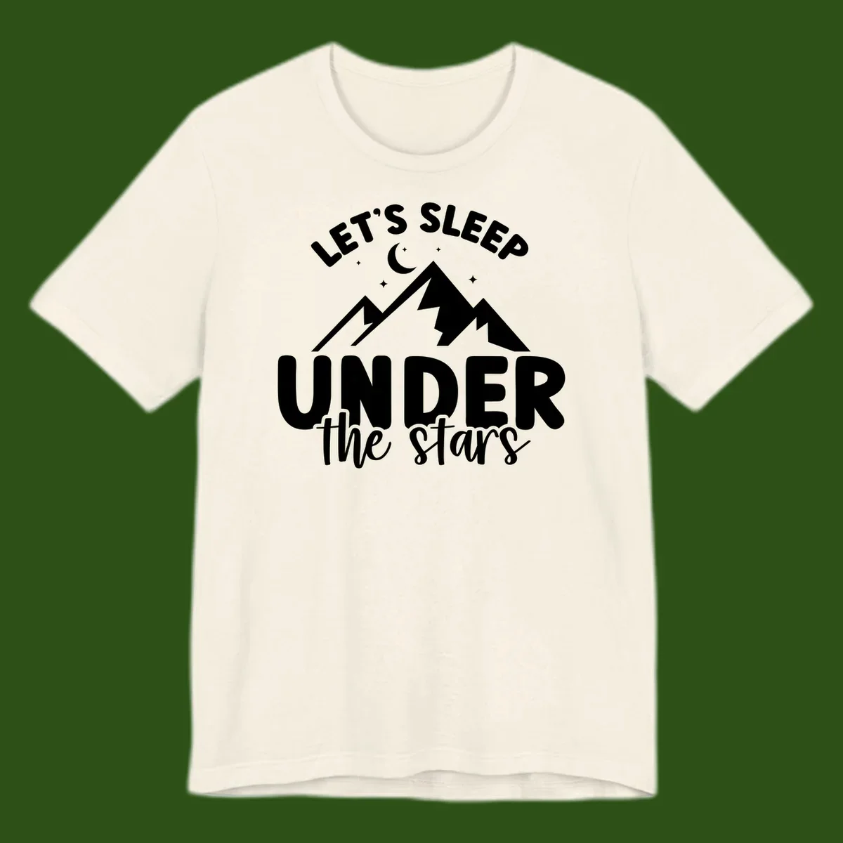 White illustration of jagged mountains with lightning bolts under a crescent moon and stars, with text reading 'Let's Sleep Under the stars'
