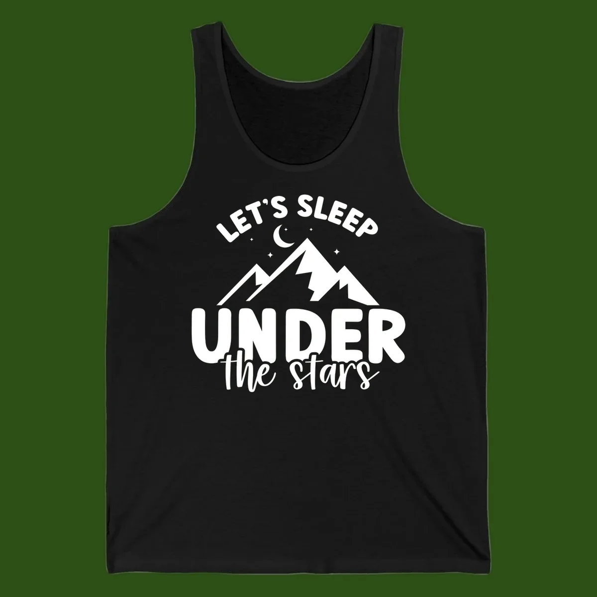 White illustration of jagged mountains with lightning bolts under a crescent moon and stars, with text reading 'Let's Sleep Under the stars'