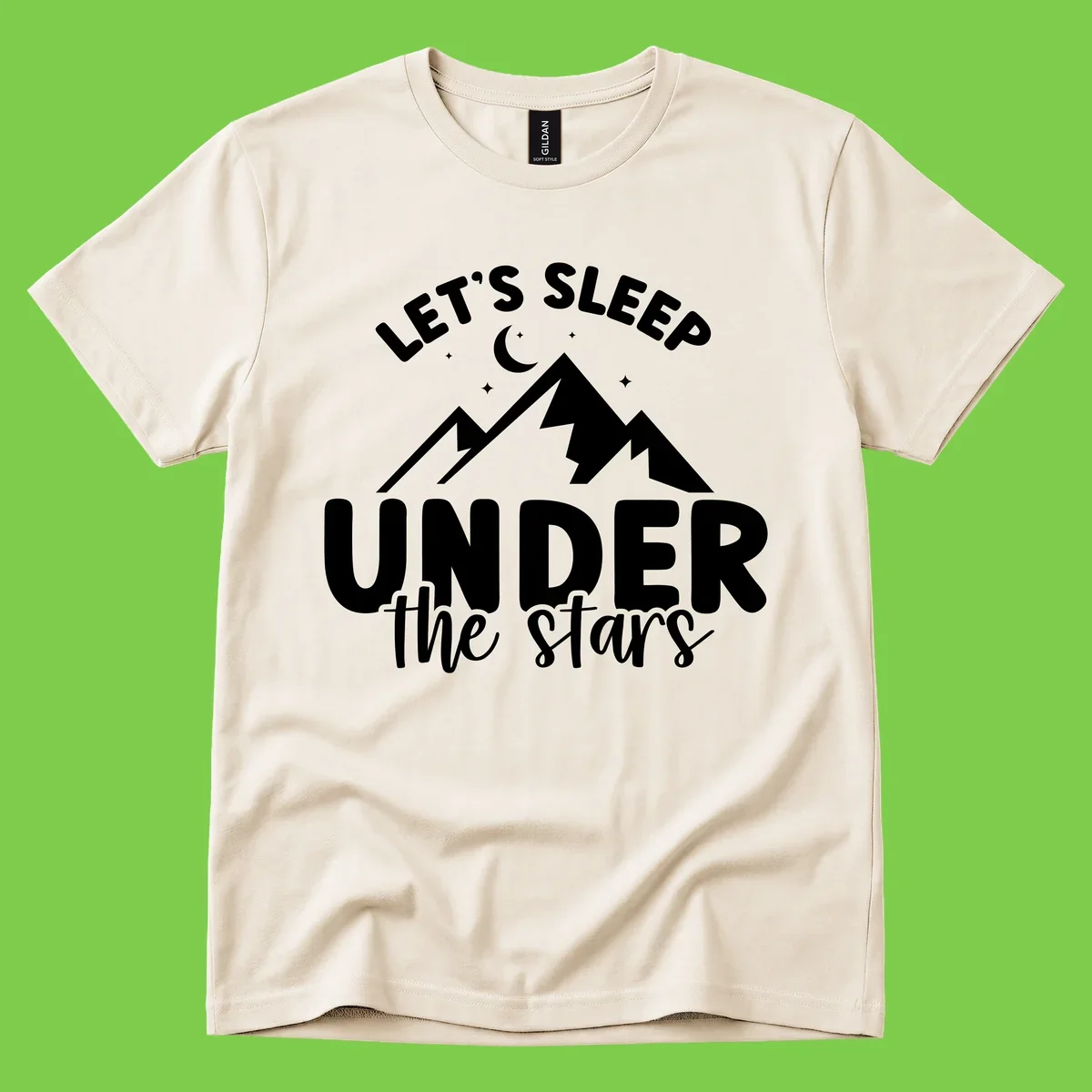 White illustration of jagged mountains with lightning bolts under a crescent moon and stars, with text reading 'Let's Sleep Under the stars'