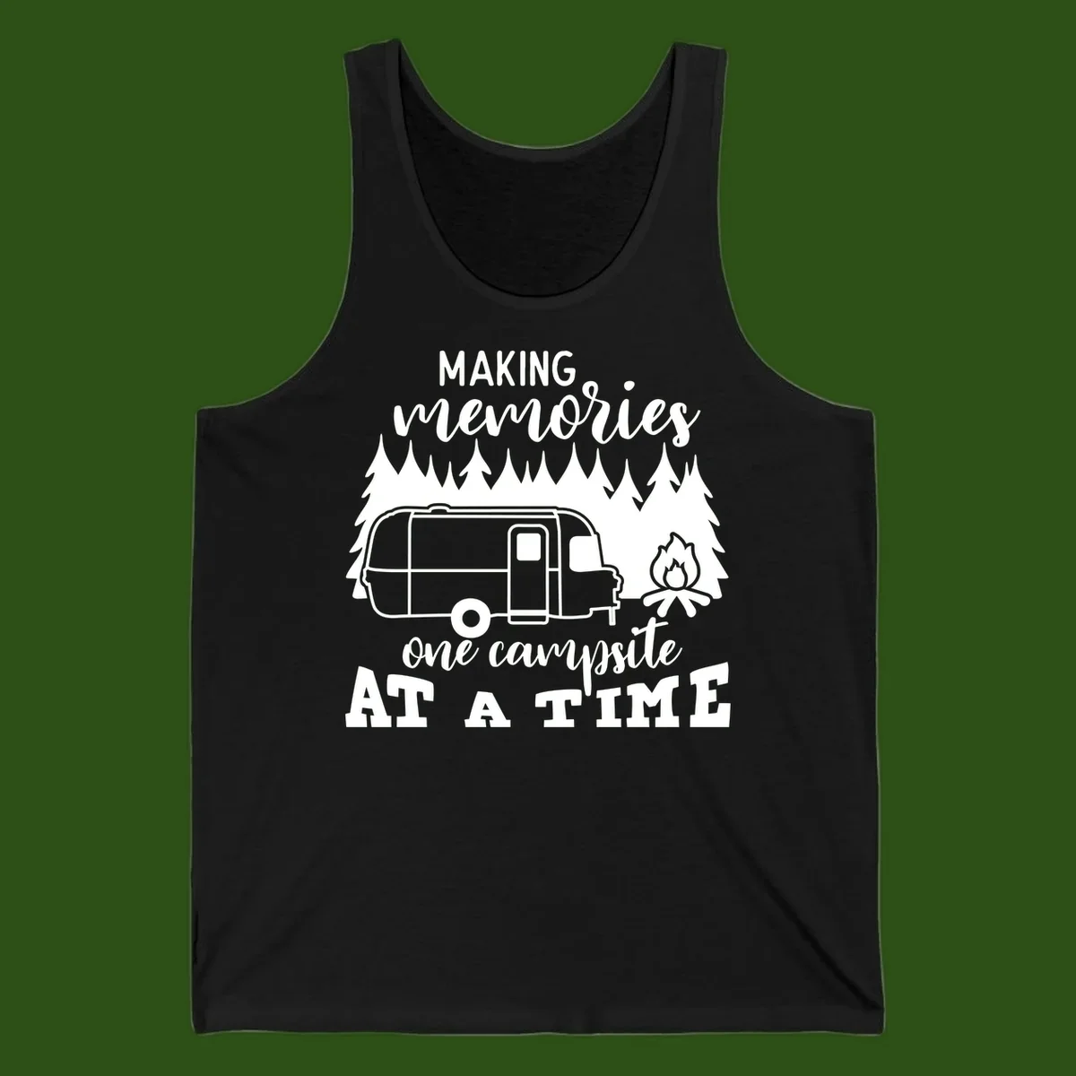 Vintage Airstream trailer parked among evergreen trees with a campfire, text reading Making Memories One Campsite At A Time
