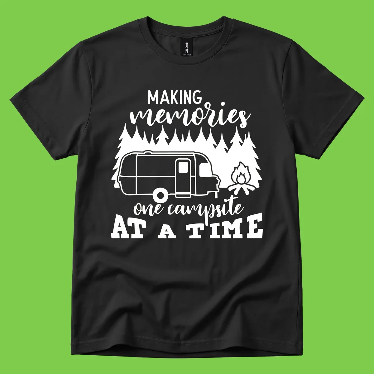 Vintage Airstream trailer parked among evergreen trees with a campfire, text reading Making Memories One Campsite At A Time