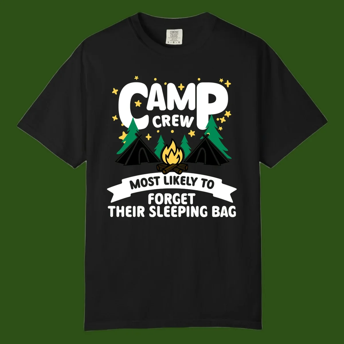 Camp crew most likely to forget sleeping bag design with campfire, tents, trees, and stars on gray background